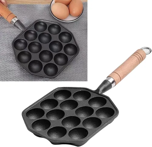 Vista 3 de HERCHR Takoyaki - Plato para parrilla, 14 agujeros, sartén Takoyaki, antiadherente, de hierro fundido, para hacer moldes con mango desmontable