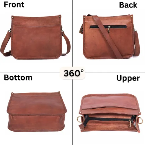Vista 6 de Bolso cruzado de cuero genuino para mujer, bolso de cuero rústico marrón y marrón, tamaño mediano con bolsillo con cremallera, bonito bolso de uso