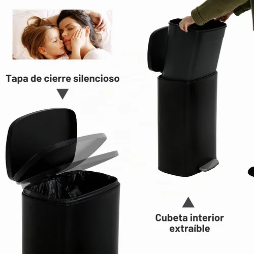Vista 3 de Basurero de cocina de acero inoxidable de 13 galones con tapa, pedal de pie, cubo de plástico, tapa de cierre suave, resistente a las huellas