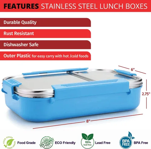 Vista 4 de Signoraware Bento Box de acero inoxidable para hombres, 24 onzas, azul aguamarina, a prueba de fugas entre 2 compartimentos, control de porciones