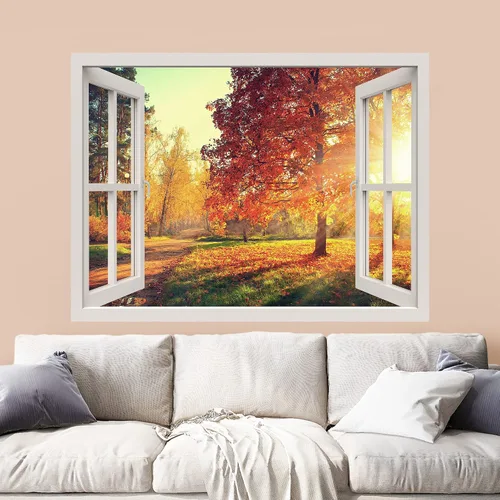 Vista 2 de wall26 Adhesivo mural removible para pared, vista de ventana, sol, otoño, temporada de árbol, bosque, naturaleza, desierto, fotografía, realismo