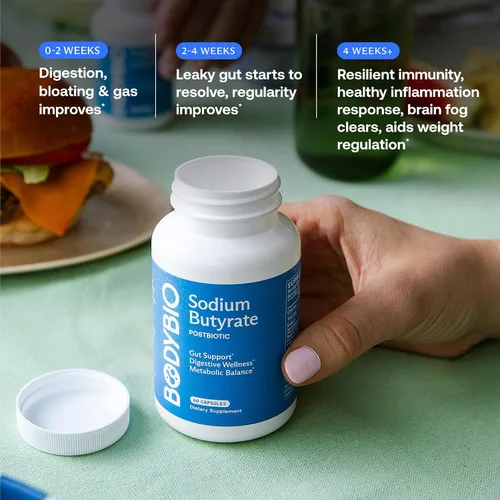 Vista 6 de BodyBio Butirato - Postbiótico para la Salud Intestinal, Apoyo Digestivo, Alivio de Hinchazón, Gases y Estreñimiento, Reparación de Intestino