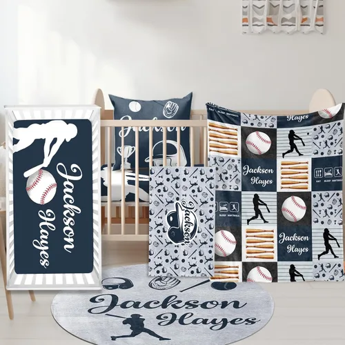 Vista 7 de Juego de ropa de cama para cuna de bebé, 5 piezas, diseño de bolas y arco iris, manta de bebé con nombre personalizado, sábana bajera para cuna