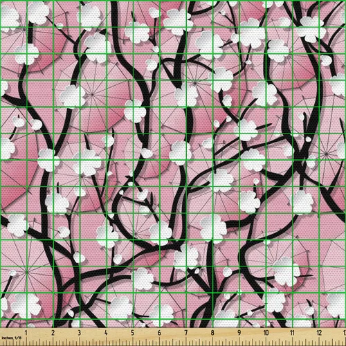 Vista 2 de Ambesonne Tela japonesa de The Yard, flores japonesas de árbol Sakura en paraguas y ramas curvas, arte romántico de flores, tela decorativa