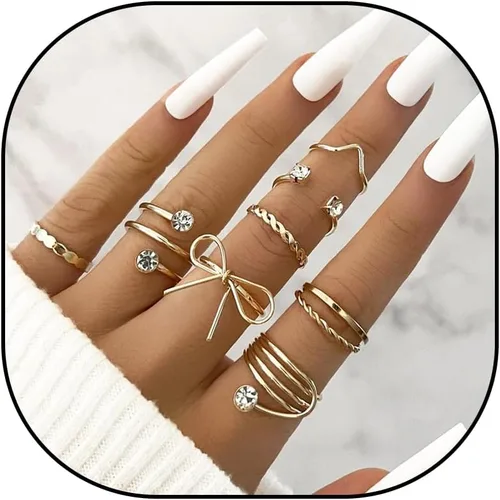 Vista 12 de Anillos Apilables de Oro para Mujeres Rellenos de Medias Navideñas para Adolescentes Conjunto de Anillos de Hoja de Perla Circonita Cúbica Corazón A