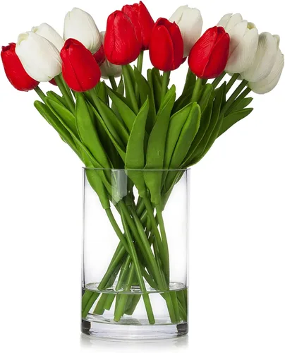 Vista 9 de ENOVA FLORAL 20 cabezas de tulipanes artificiales de tacto real para decoración de mesa de comedor, boda, decoración de granja (verde)