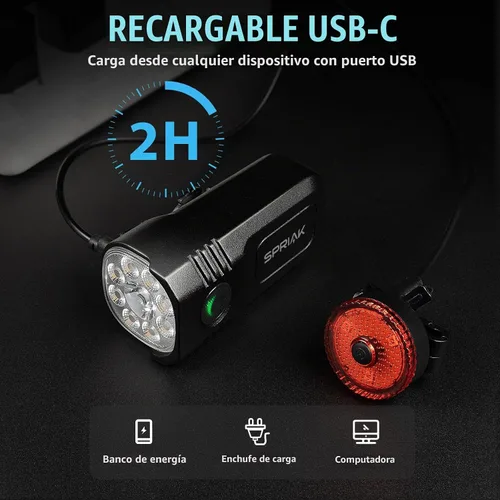 Vista 7 de Super Bright Bike Lights for Night Riding,3000mAh USB-C Rechargeable LED Bicycle Headlight Taillight Set,IP65 Waterproof Bike Lights Front & 9 LED