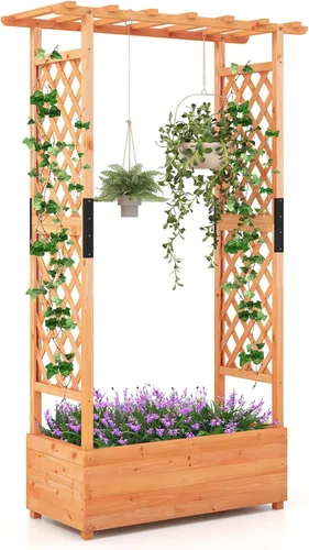 Vista 19 de HAPPYGRILL Cama de jardín elevada con enrejado y techo colgante