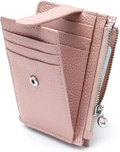 Vista 10 de Cartera delgada para mujer, de piel auténtica, tarjetero delgado con bloqueo RFID, carteras pequeñas