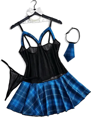 Vista 11 de Avidlove Conjunto de lencería sexy para mujer, falda a cuadros Rosa