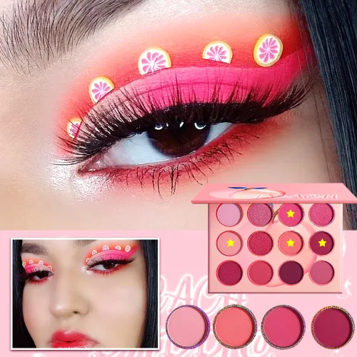 Vista 2 de Paleta de sombra de ojos rosa, 12 colores melocotón, mate y brillante, altamente pigmentada, rosa, mini paleta de sombra de ojos, cálida y natural