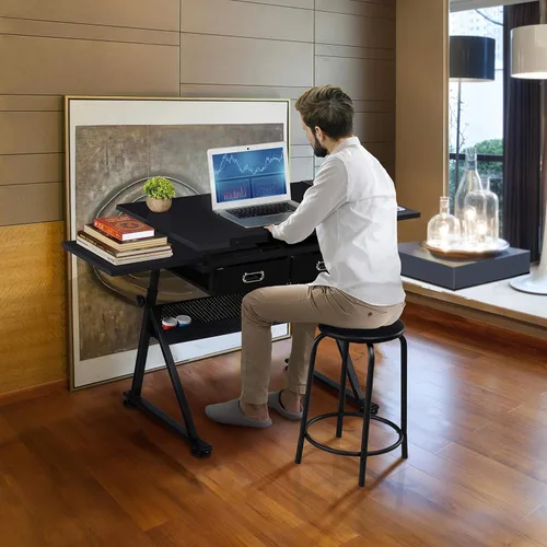 Vista 4 de Yaheetech Mesa de dibujo para artistas, escritorio de dibujo de altura ajustable, escritorio de arte/manualidades, estación de trabajo de pinturas