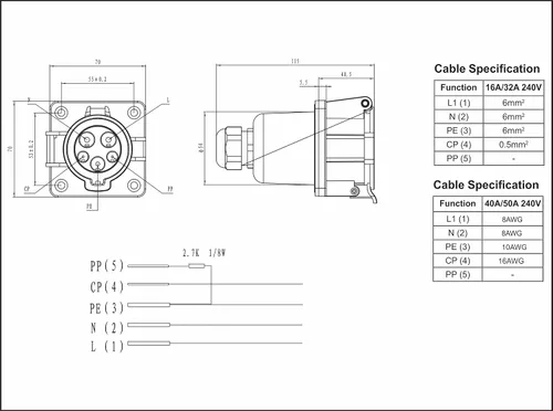 Vista 5 de SAE J1772 Tipo 1 Entrada de zócalo para Cargadores de Nivel 1 y Nivel 2 de J1772 Lado de Vehículo EV Conector Socket 16A/32A/50A
