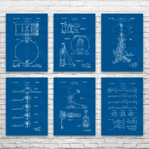 Vista 4 de Juego de 6 carteles de patente de tambor (8 x 10), regalo de baterista, arte de estudio de grabación, regalo de músico, decoración de batería