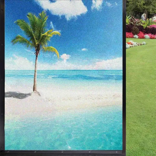 Vista 31 de Película decorativa de privacidad para ventana, control de calor, bloqueo solar, protección UV, diseño abstracto oceánico, adherencia estática Azul