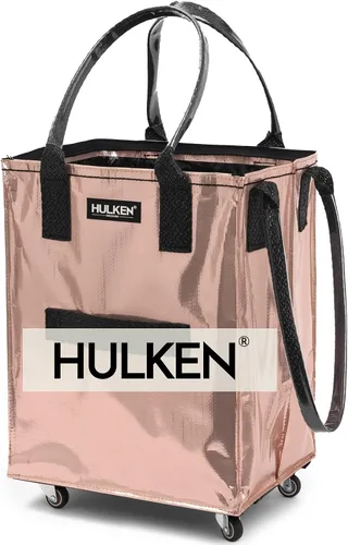 Vista 13 de HULKEN (Pequeño, Rojo Cósmico) Bolsa de comestibles reutilizable sobre ruedas, carrito de compras, bolsa con ruedas, cierre de cremallera, ligera
