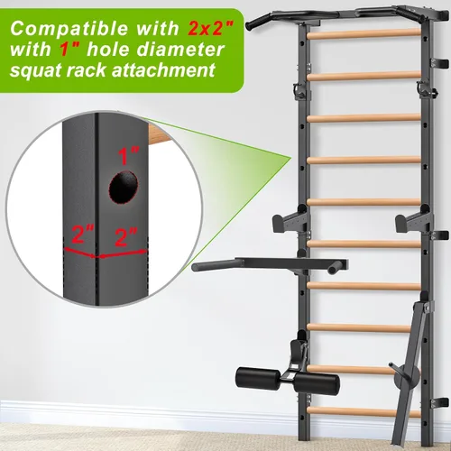 Vista 2 de Kipika Barra de Gimnasia de Pared - Escalera Sueca de 2"x2" con Agujero de 1", Barra de Dominadas Montada en Pared Entrenador de Suspensión