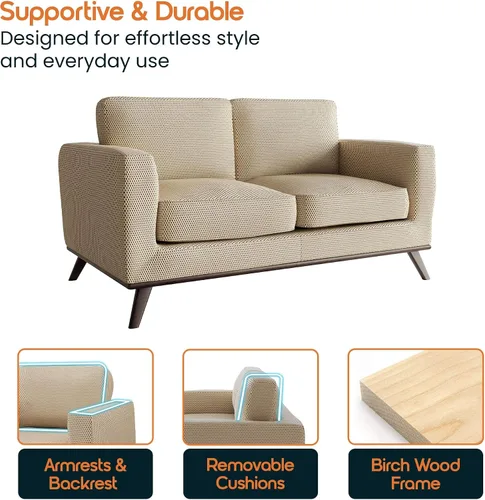 Vista 7 de LeisureMod Chester - Sofá de dos plazas de cuero y malla con base de madera de abedul para sala de estar, dormitorio u oficina (malla beige)
