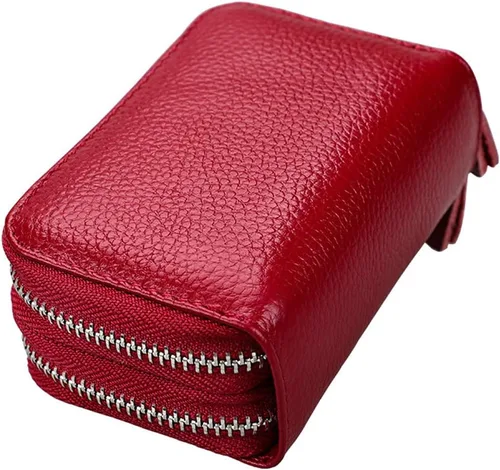 Vista 8 de Porta tarjetas de crédito de cuero, 15 ranuras, organizador de tarjetas de identificación para mujeres y hombres, cartera de acordeón con cremallera