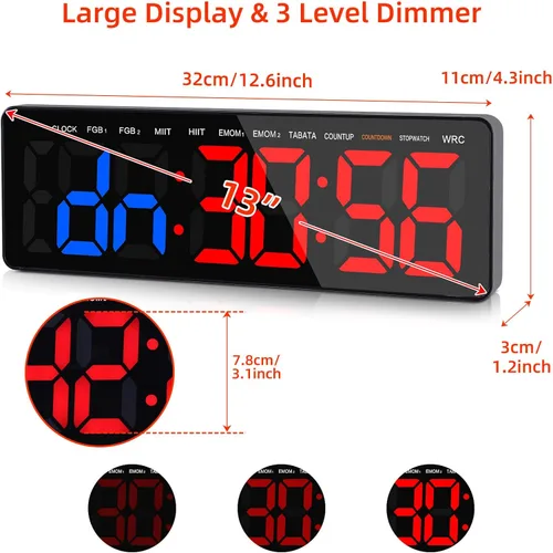 Vista 4 de Reloj temporizador de gimnasio de 13 pulgadas, temporizador de intervalos de entrenamiento con control remoto, cronómetro de cuenta regresiva