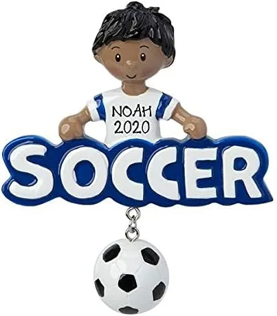 Vista 2 de Adorno de árbol de Navidad personalizado con estrella de fútbol de pelota de fútbol 2019 Adorno de nombres de escritura personalizados (azul)