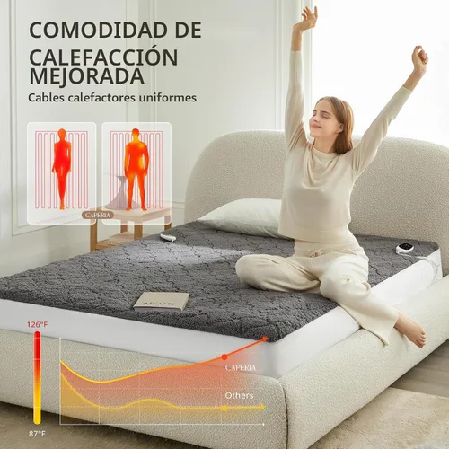 Vista 5 de Caperia Protector de colchón térmico individual, protector de colchón eléctrico con 9 ajustes de calor, función de memoria, calentamiento rápido Gris
