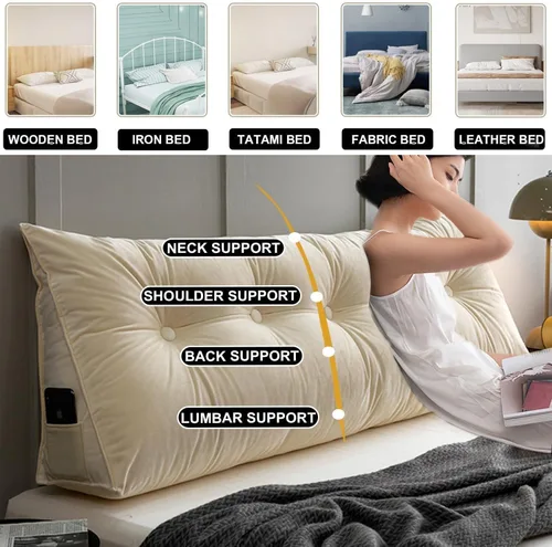 Vista 2 de Almohada de pared triangular con botones copetudos, cojín de apoyo de lectura, almohada de cama de lectura suave, color sólido, soporte para cuello