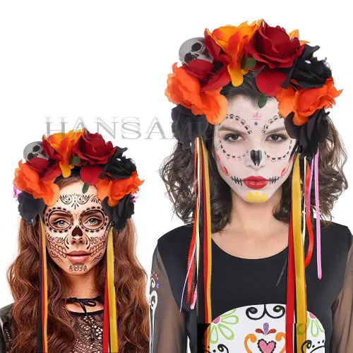 Vista 4 de Diadema floral del Día de los Muertos con calavera mexicana, corona de rosas para mujeres y niñas, disfraz de Halloween (naranja, negro y rojo)
