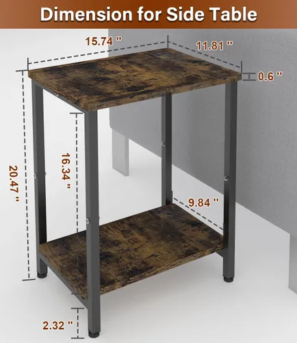 Vista 3 de Mesa auxiliar de 2 niveles, mesa auxiliar resistente con estantes, mesa de noche estrecha para espacios pequeños, mesa de tocadiscos para Negro