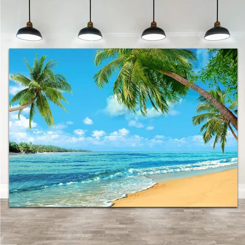 Vista 9 de Fondo tropical de verano para fotografía de palmera o playa de Hawaii, 7 x 5 pies, cielo marino azul, sol, Luau, fiesta, fondo de foto, boda, novia