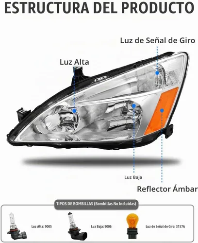 Vista 4 de Conjunto de faros delanteros Accord 2003 2004 2005 2006 2007 para Honda Accord 2003-2007 2/4dr lente transparente carcasa cromada con reflector