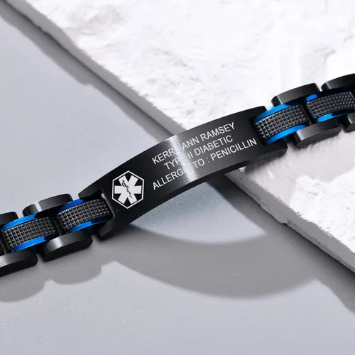 Vista 3 de Free Custom Engraving Medical ID Bracelet 2-tone Blue Black Titanium Steel Heavy Masculine Elaborate Men's Medical Alert Bracelet Wristband Jewelry