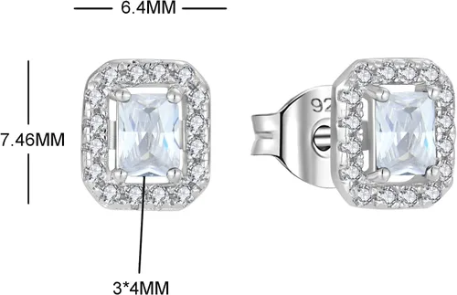 Vista 2 de Aretes de plata de ley 925 con halo de piedra natal con circonita cúbica 3A
