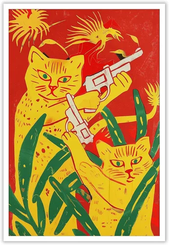 Vista 21 de Póster abstracto vintage de animales retro, dos gatos amarillos sosteniendo pistolas, pintura divertida acuarela gato lienzo arte de pared