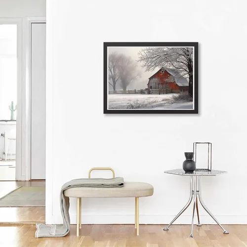 Vista 3 de Pintura de diamantes, árbol de nieve, niebla, granero rural, granero, kit de invierno para adultos, pintura de diamantes por números, arte de gemas
