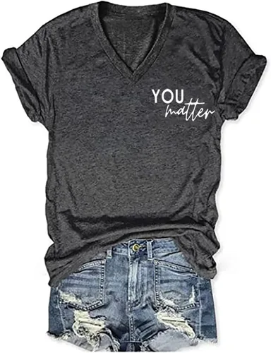 Vista 4 de Camiseta con texto en inglés "You Matter to The Person Behind Me" para mujer, camiseta casual de manga corta con cuello en V, camiseta inspiradora