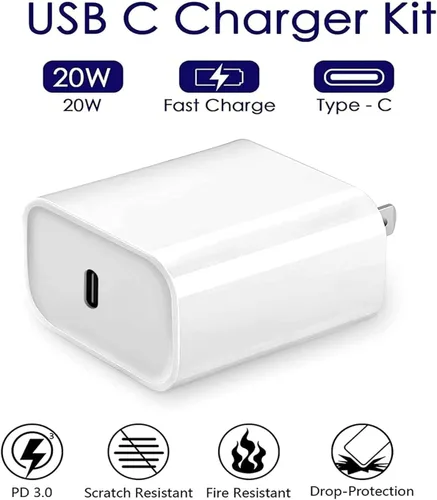 Vista 2 de Cargador rápido USB C para iPhone de 20 W con cable USB C a Lightning y cable compatible para iPhone 14/13/12/11/XS/XR/X/iPad 1Pack USB C Wall