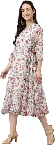 Vista 3 de Janasya Vestido acampanado con estampado floral de lúrex de gasa blanca para mujer india