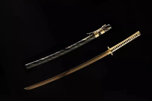 Vista 9 de Katana dorada hecha a mano, espada samurái japonesa 1095 de arcilla de acero templada, hoja de afeitar de espiga completa, afilada, regalos para él