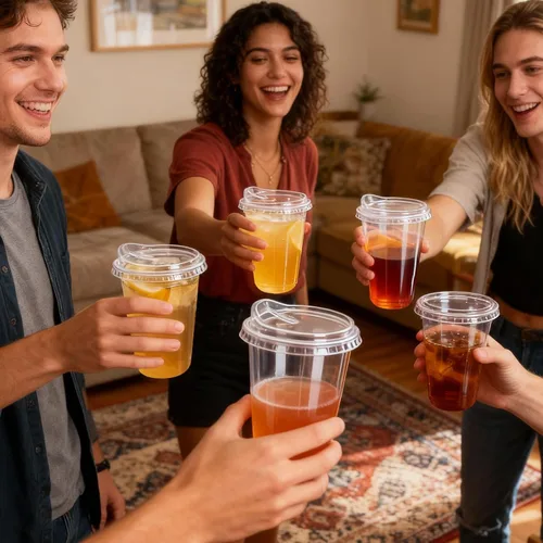 Vista 7 de GGOLDMER Juego de 25 vasos de plástico transparente con tapas para sorber, tazas de café helado de plástico desechables de 16 onzas con tapas, fondo