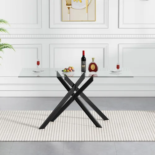 Vista 2 de SSLine Mesa de comedor moderna de cristal, rectangular de 51 pulgadas, color negro con patas de metal diseñadas en X para cocina y comedor