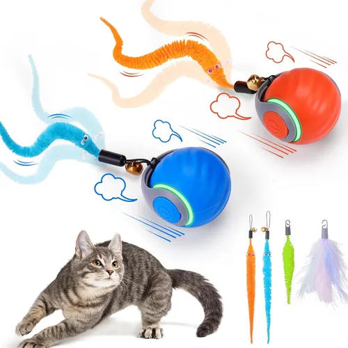 Vista 9 de BABORUI Paquete de 2 bolas interactivas azules de juguete para gatos, juguetes interactivos automáticos para gatos de interior con 3 colas, 2