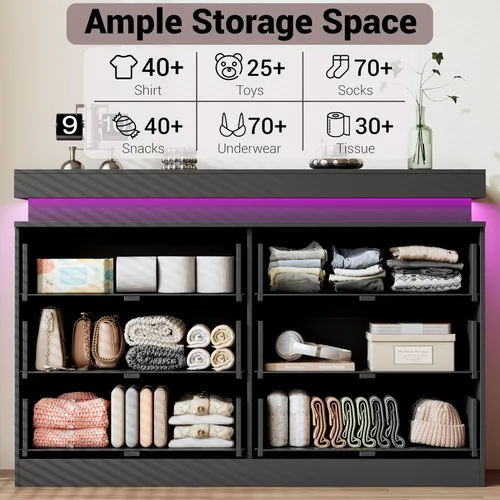 Vista 4 de Cómoda acanalada de 6 cajones para dormitorio con estación de Negro