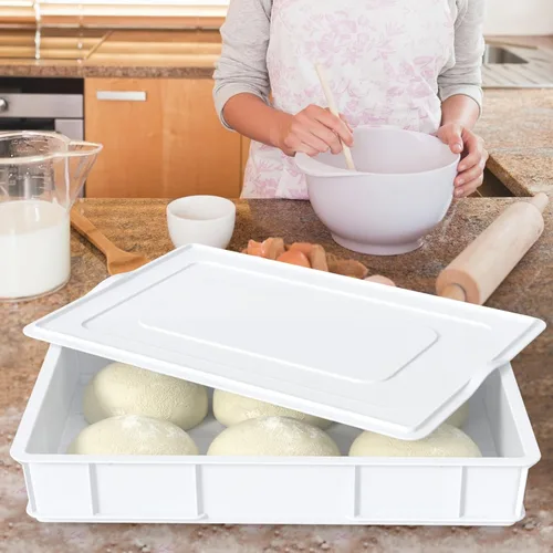Vista 5 de Paquete de 4 bandejas de plástico a prueba de masa con tapa, contenedor apilable para masa de pizza, color blanco