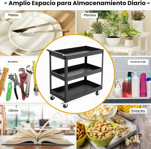 Vista 7 de Goplus Carrito utilitario de 3 niveles, carrito de herramientas de servicio comercial resistente con ruedas bloqueables, capacidad de carga de 330