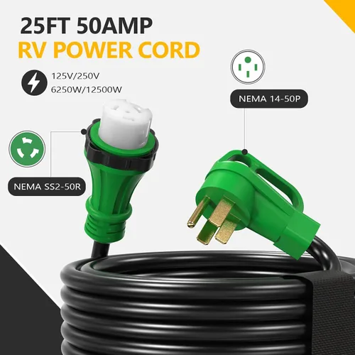 Vista 2 de TUFFIOM Cable de extensión RV de 50 amperios y 25 pies, cable generador 14-50P/SS2-50R con bloqueo giratorio, cable STW de 4 conductores resistente