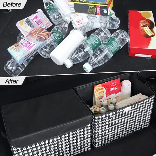 Vista 4 de 8sanlione Caja de almacenamiento para maletero de coche con tapa, patrón de pata de gallo, organizador de almacenamiento plegable de gran capacidad