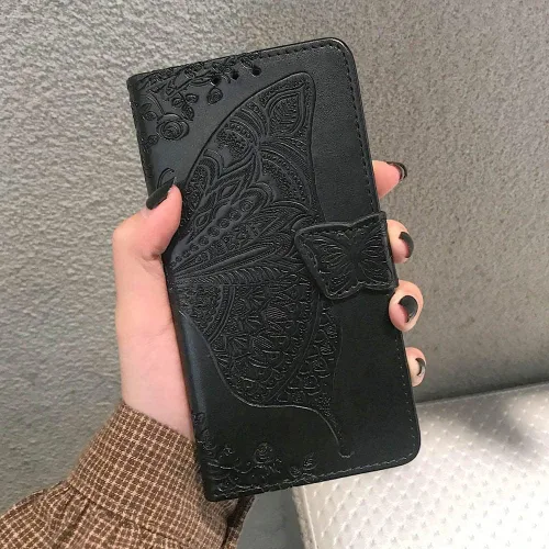 Vista 7 de KRHGEIK Funda tipo cartera para iPhone SE 2020/SE 2022/iPhone 8/iPhone 7, diseño de mariposa en relieve, de piel sintética, con ranuras para Negro