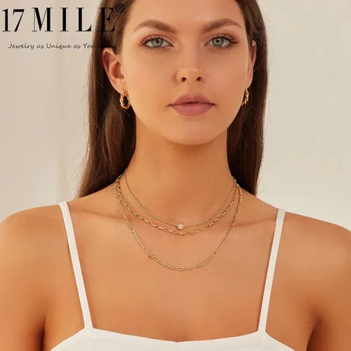 Vista 2 de 17 MILE Juego de collar de cadena en capas de oro para mujer, moderno Gargantilla de espiga delicada chapada en oro de 14 quilates ajustable