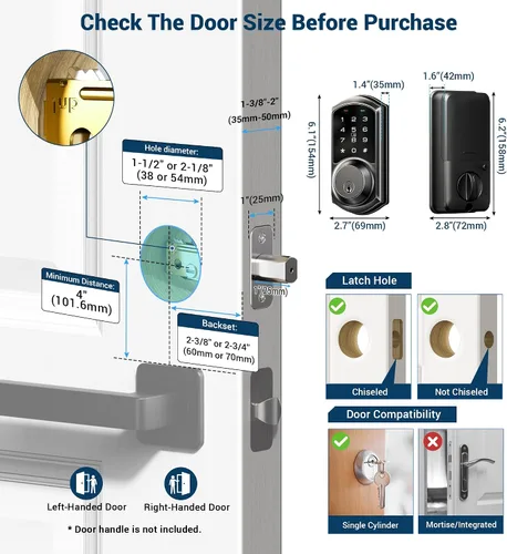 Vista 5 de Veise VE06 - Cerrojo inteligente con control de aplicación, cerradura inteligente de entrada sin llave para puerta delantera, cerradura digital